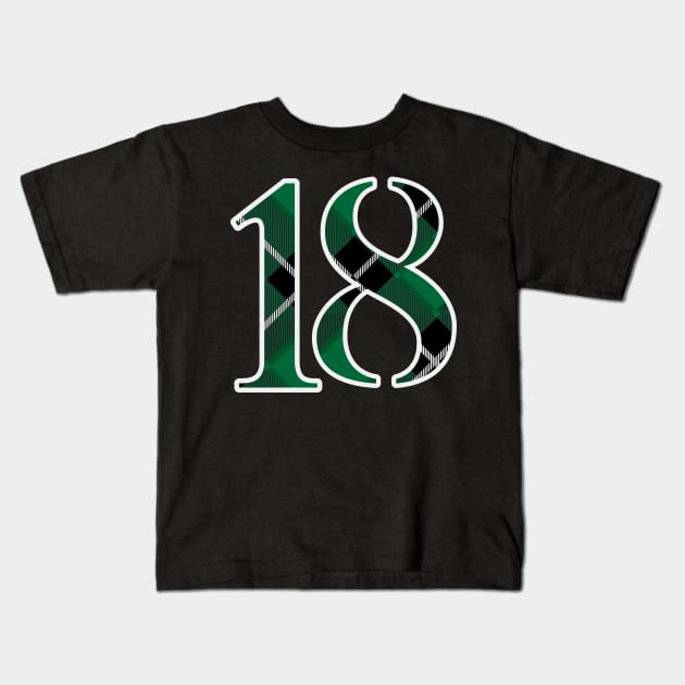 18 Sports Jersey Number Green Black Flannel Kids T-Shirt by Design_Lawrence